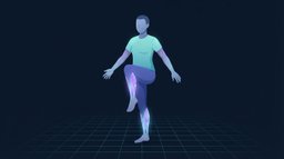 A barefoot person balancing on one leg with the free knee lifted, the calf and the muscles along the outside of the standing shin glowing to show the ankle stabilisers at work