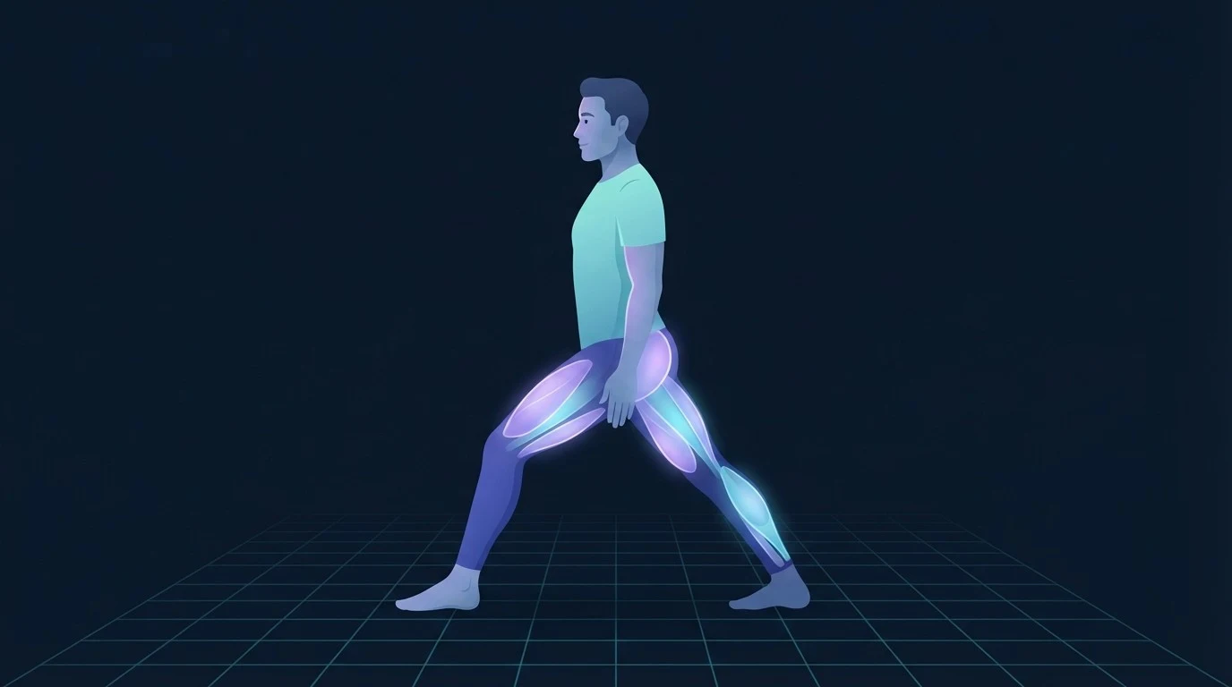 A person in a split stance with the quadriceps, hamstrings, glute and calf lit up, the four muscle groups you train to strengthen knees