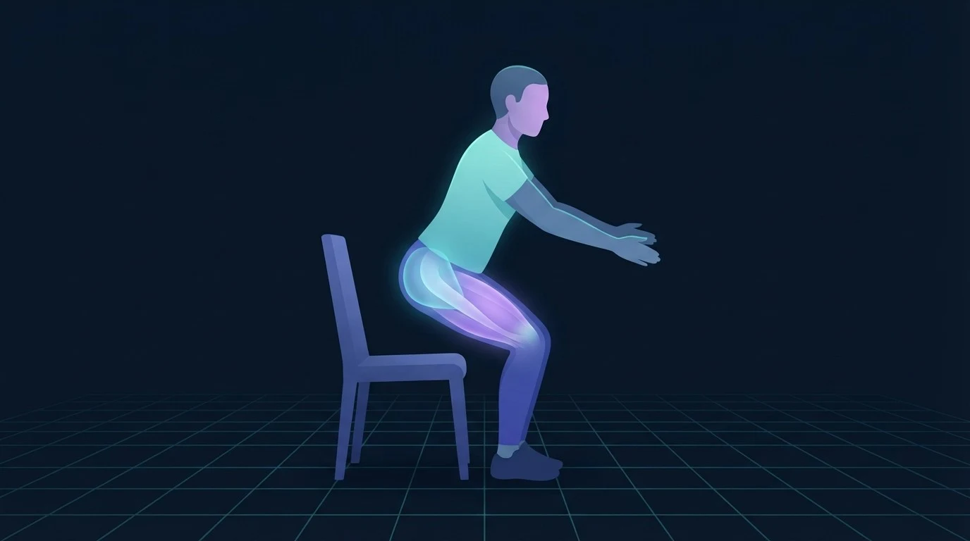A person rising out of a chair with the quadriceps and glutes lit up, the simplest loaded exercise for strengthening knees at home