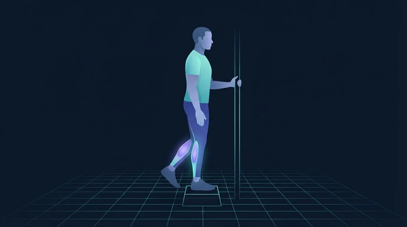 A person lowering slowly off a low step with one hand on a support, the calf and hamstring lit up, a controlled progression for strengthening knees