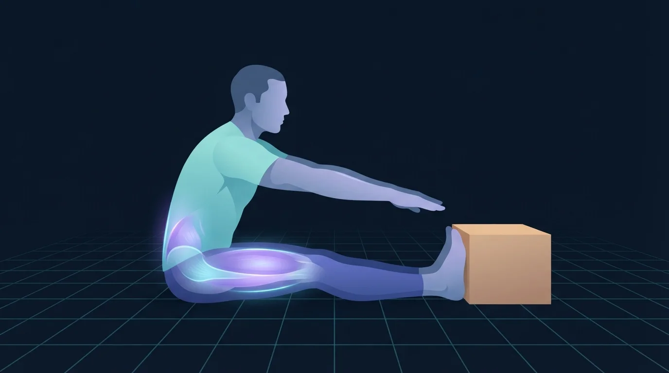A person seated with legs straight and both feet braced against a low box, reaching forward past the knees, the hamstrings and lower back lit up during a sit-and-reach measurement