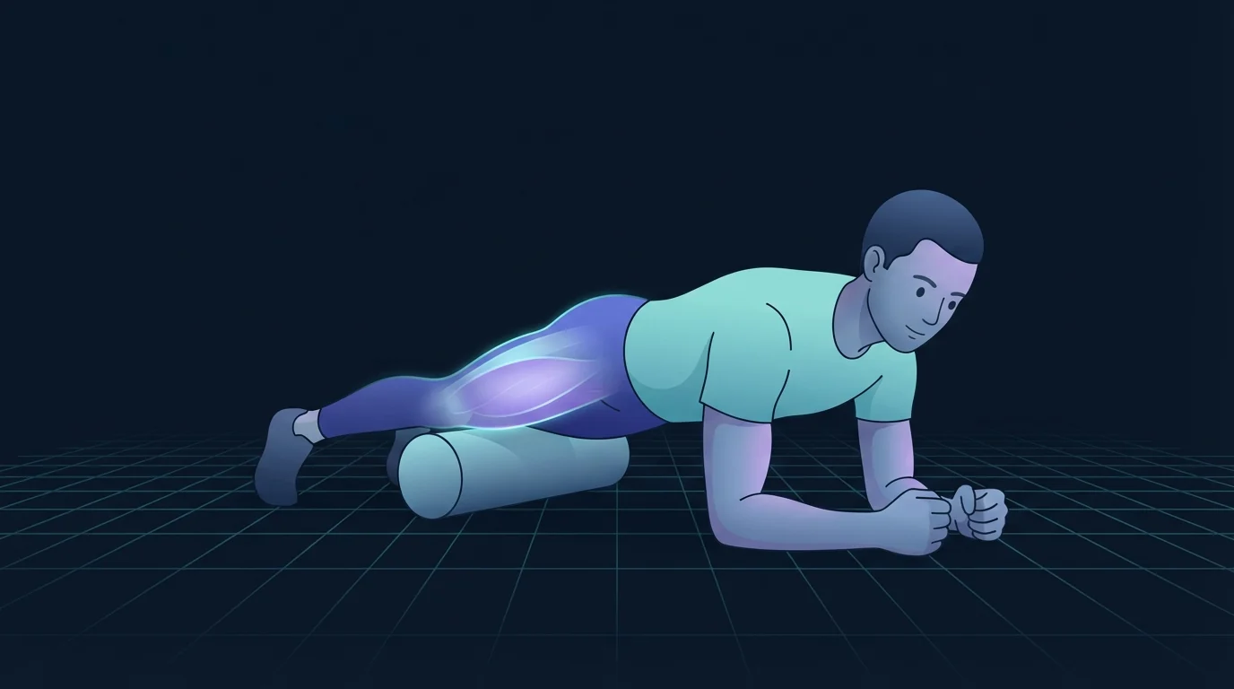 A person in a forearm plank with a foam roller under the front of one thigh and the body weight shifted onto that leg, the quadriceps glowing to show which muscle is under the roller