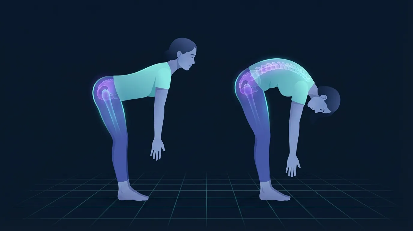 Two adults in side profile bent forward with straight legs, the left holding a rigid flat back with the hips pushed backward and the hamstrings glowing, the right rolled into a deep rounded C curve with the head hanging low and the spine glowing segment by segment