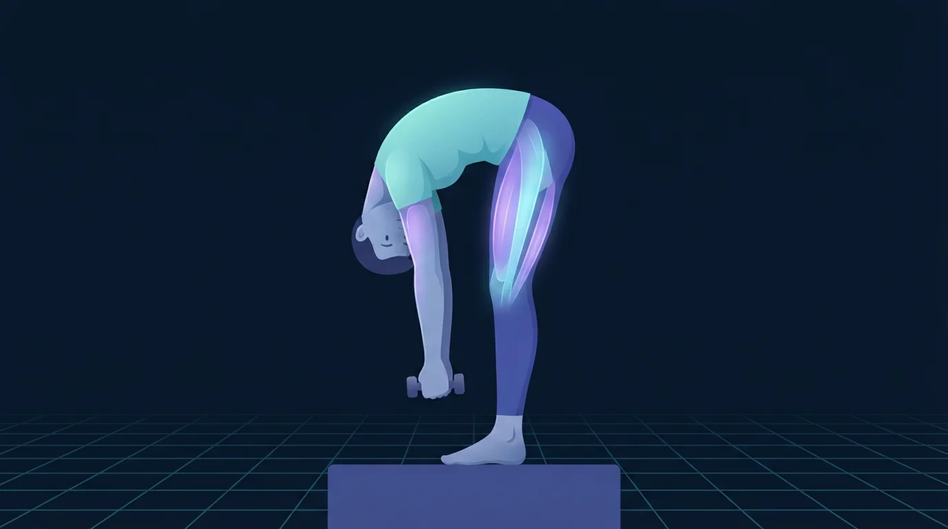 Side view of an adult standing on a low platform, folded fully forward with straight legs and a smoothly rounded spine, holding a small dumbbell that hangs below the platform edge, hamstrings and spinal muscles lit up