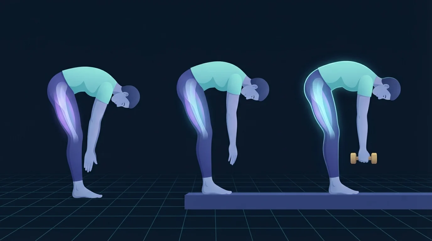 Three adults folded forward in a row showing a progression from a bodyweight roll-down on the floor, to the same movement on a low platform, to a loaded version holding a small dumbbell below the platform