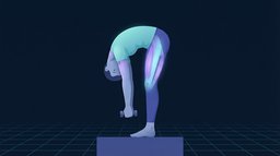 Side view of an adult standing on a low platform, folded fully forward with straight legs and a smoothly rounded spine, holding a small dumbbell that hangs below the platform edge, hamstrings and spinal muscles lit up