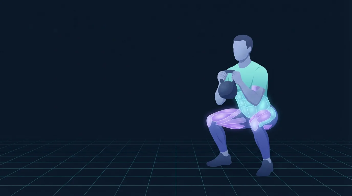A person at the bottom of a deep goblet squat holding a single kettlebell upside down against the chest, elbows inside the knees, with the thighs, hips and trunk lit up