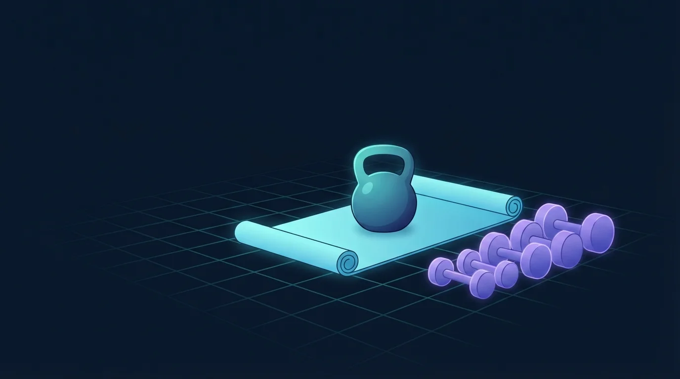 A single kettlebell standing on a rolled-out exercise mat beside three pairs of dumbbells of increasing size, with empty floor around them showing how small a home setup is