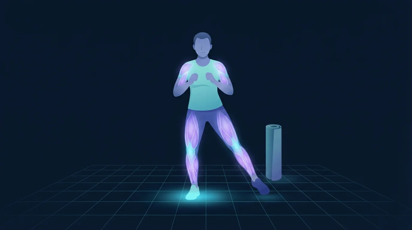A person mid side-step in a living room with one foot planted and glowing on the floor while the other slides sideways, calves and shoulders lit