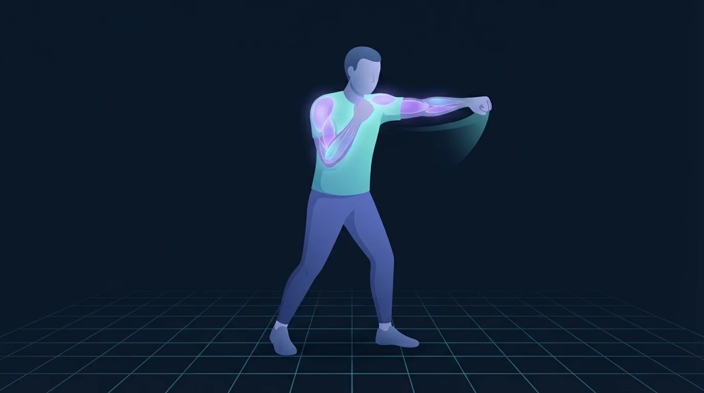 A person shadow boxing with both feet planted on the floor, arms and core glowing, punching forward with a closed fist