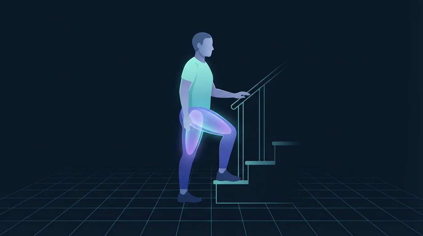 A person stepping onto the bottom step of an indoor staircase with the leading leg's quadriceps and glutes glowing, one hand on the bannister
