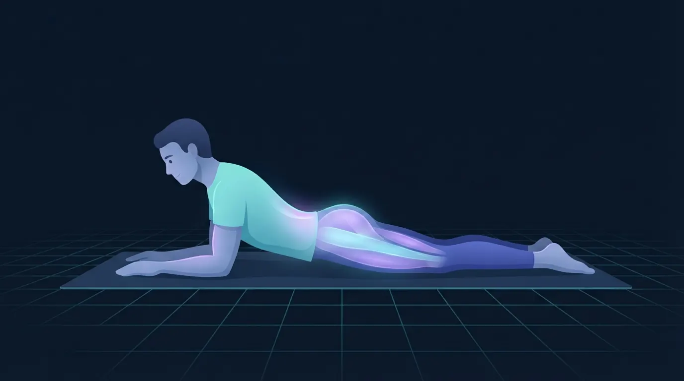 A person lying face down propped on both forearms with the hips and thighs resting on the mat and the lower back lit up, the second step of the extension progression