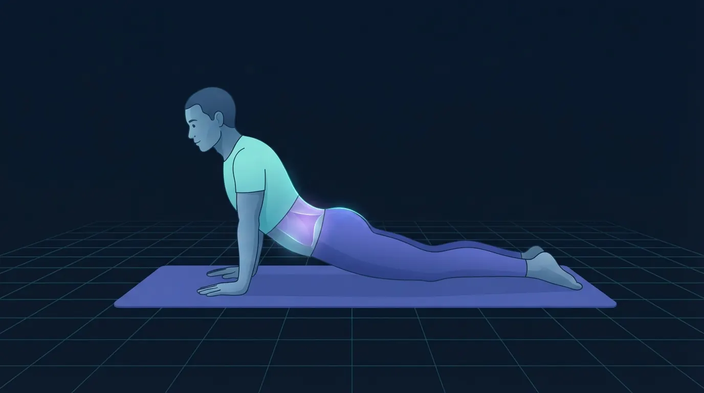 A person lying face down on a mat pressing the upper body up on straight arms with the hips staying on the floor, the lower back lit up as the working region