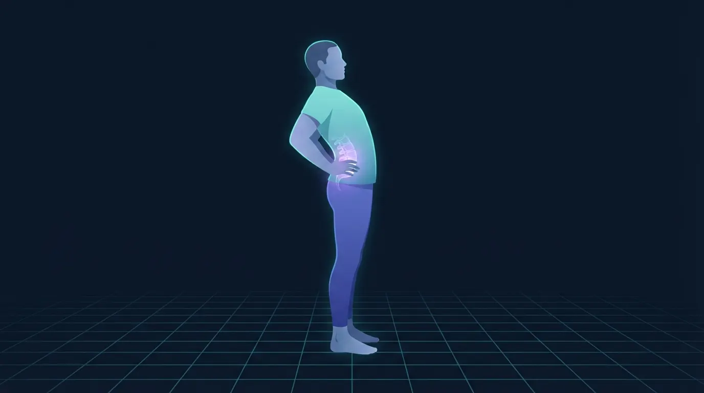 A person standing with both hands braced on the top of the pelvis leaning backwards into extension, the lower back lit up as the working region