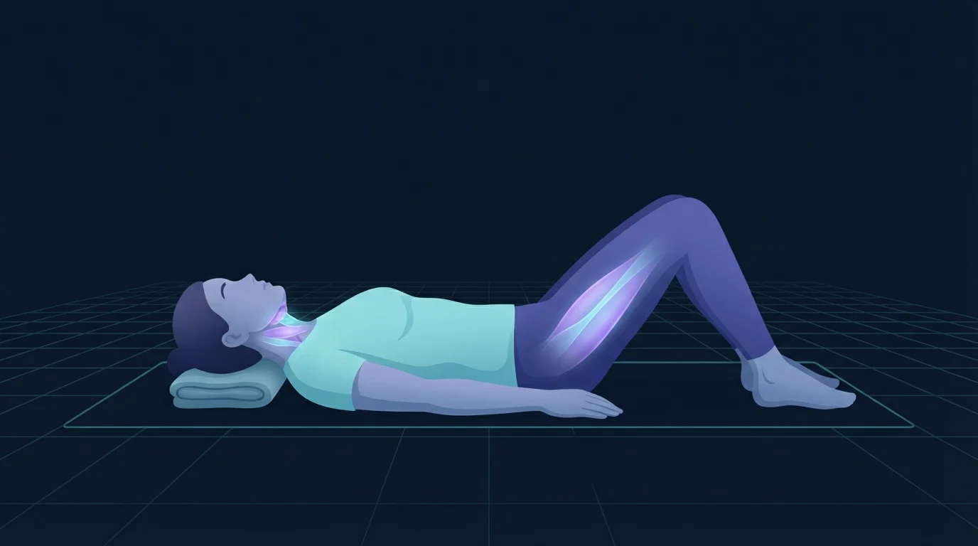 A person lying on their back on a mat with a folded towel under the head, gently drawing the chin toward the throat while the small muscles deep at the front of the neck glow