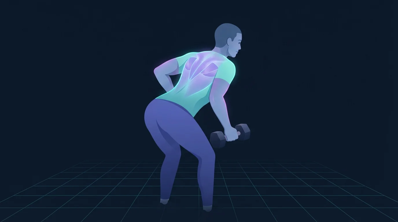 A person hinged forward pulling a dumbbell toward the ribs, with the muscles across the upper back, between the shoulder blades and up into the base of the neck glowing during a bent-over row