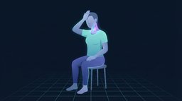 A person sitting tall and pressing one palm against their own forehead while the muscles at the front and sides of the neck glow, holding an isometric neck flexion contraction