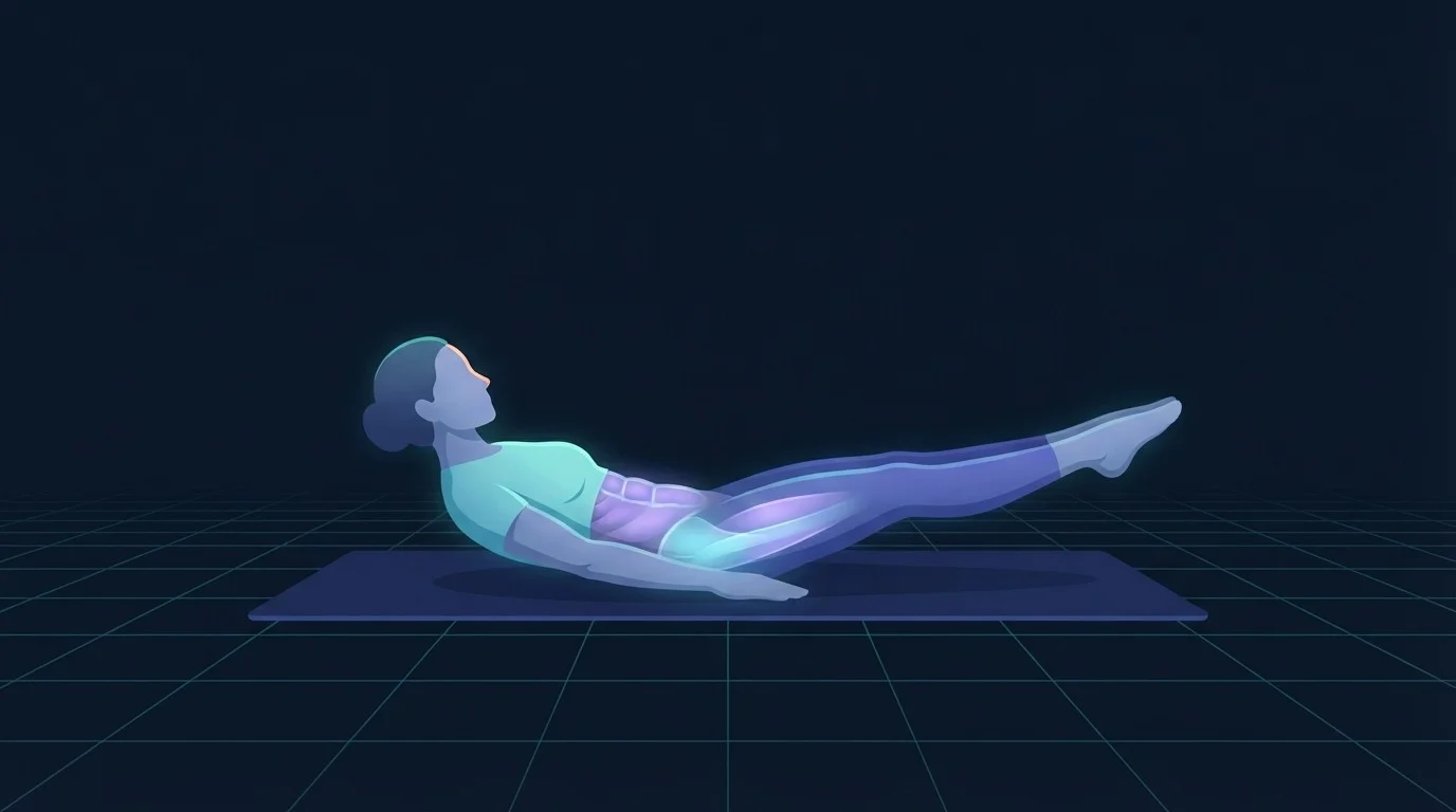 Illustration of a person on a mat performing the Pilates hundred, head and shoulders lifted and legs extended low, with the deep abdominal wall and hip flexors highlighted