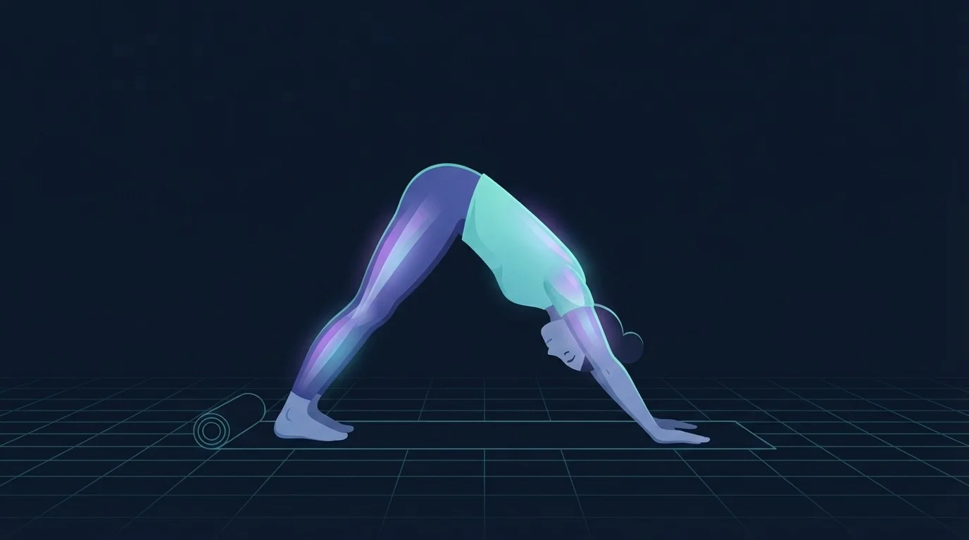 Illustration of a person holding a downward facing dog position on a mat with the hamstrings, calves, spinal muscles and shoulders highlighted