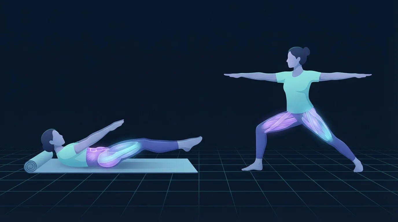 Illustration comparing Pilates and yoga: a figure curled off a mat in a Pilates roll-up with the abdominals lit up, beside a standing figure in a yoga warrior pose with the hips and hamstrings lit up