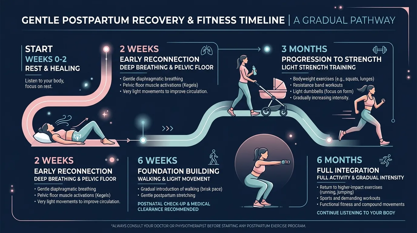 Postpartum Recovery Fitness Timeline — visual guide for the How Gamification Helps New Moms Stay Active section