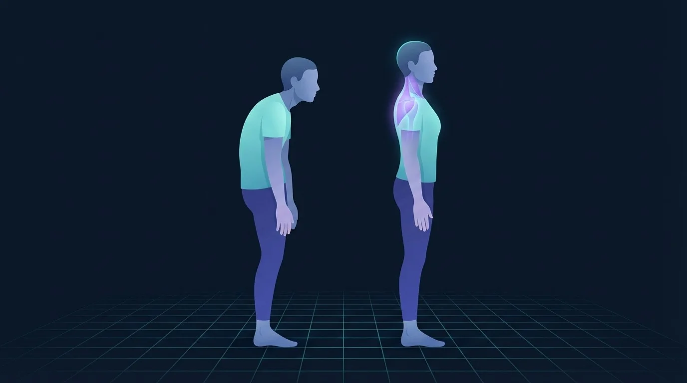 Two figures in side profile compared, one slouched with the head carried ahead of the chest and one standing tall with the upper back and deep neck muscles glowing
