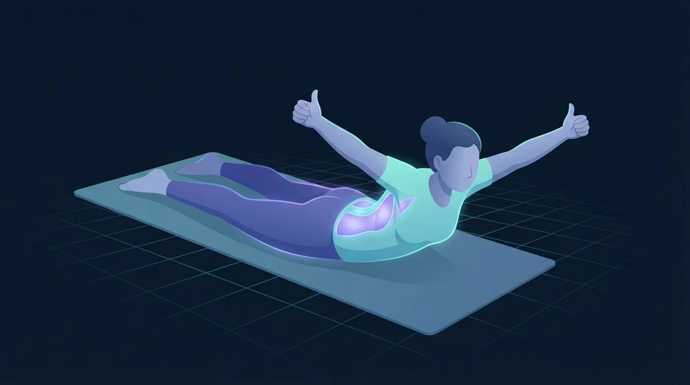 Person lying face down on a mat performing a prone Y raise with thumbs up and chest lifted, lower trapezius and spinal muscles highlighted