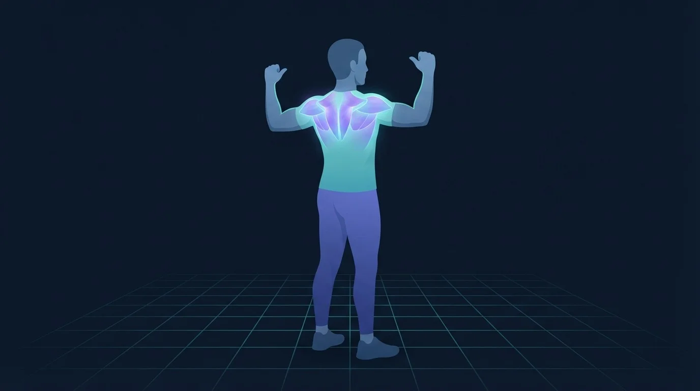 Rear view of a person with arms raised to shoulder height and elbows bent, shoulder blades squeezed together, with the mid trapezius and rhomboids highlighted