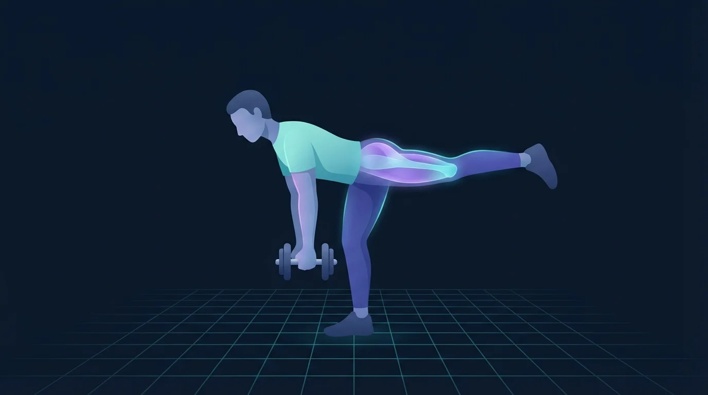 A person hinged forward on one leg with the free leg extended behind, reaching toward a dumbbell on the floor, the hamstring and glute of the standing leg lit up during a single-leg Romanian deadlift