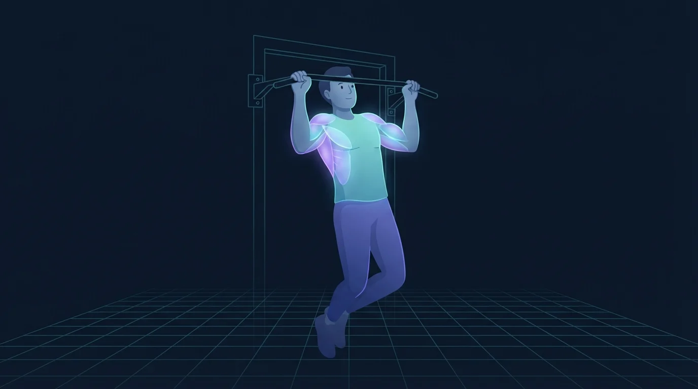 A person pulling their chin toward a doorway bar with the lats, mid back, rear shoulders and biceps lit up, the movement that anchors a pull day at home