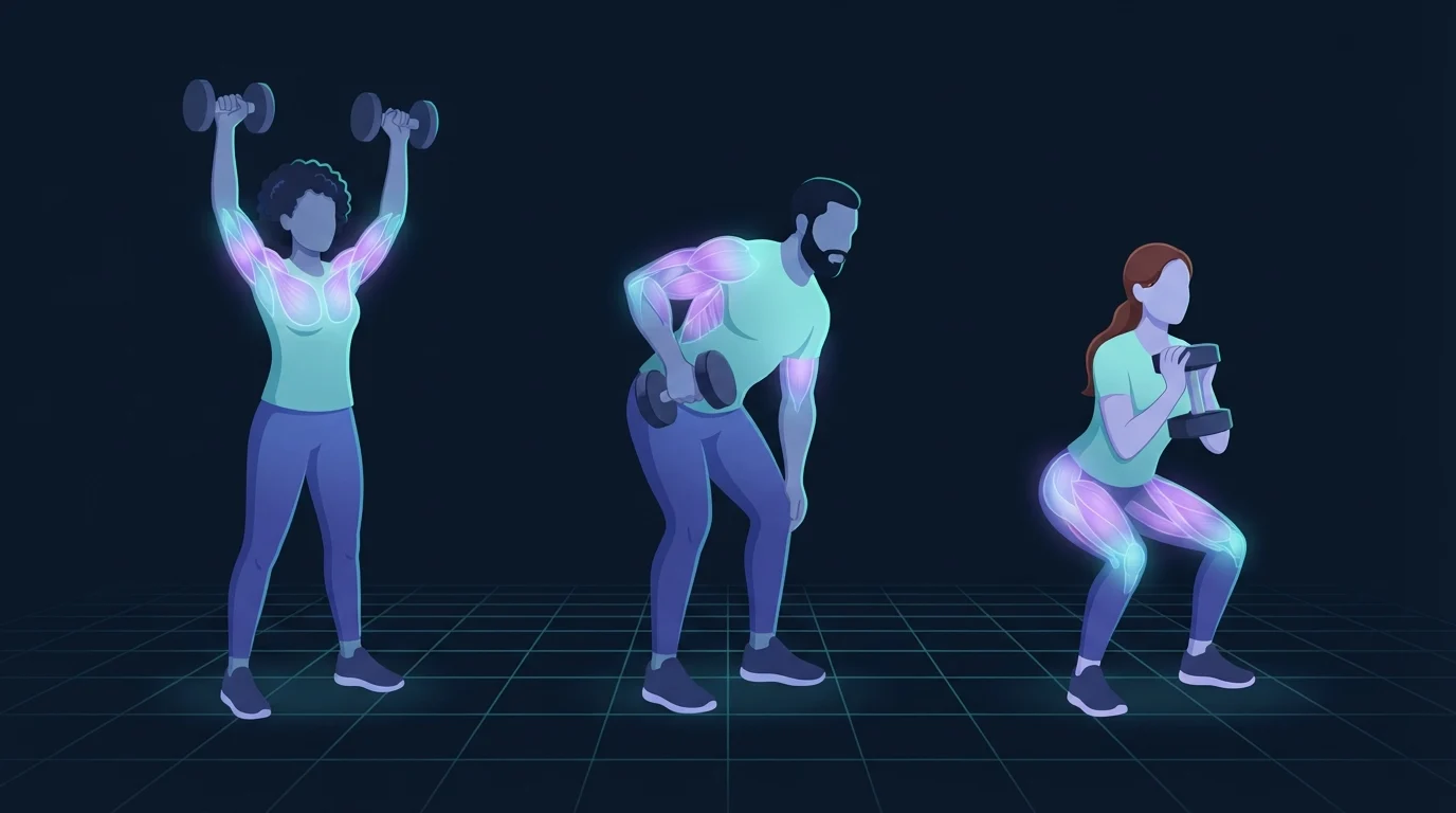 Three people training side by side, one pressing dumbbells overhead with the shoulders and triceps lit up, one rowing a dumbbell with the back and biceps lit up, and one squatting with a dumbbell at the chest and the thighs and glutes lit up