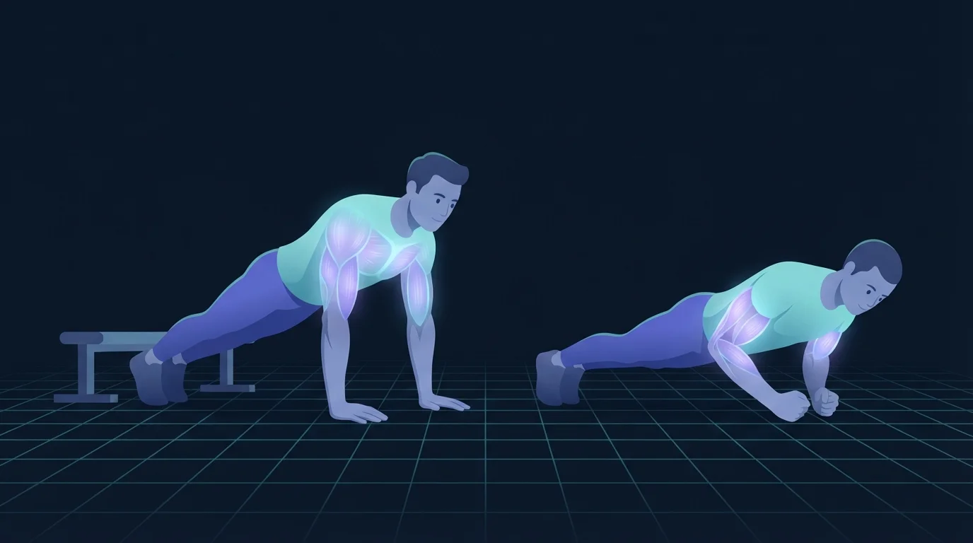 Two figures pressing on the floor, one with the feet raised on a low bench and the upper chest lit up, one with the hands close together under the sternum and the triceps lit up