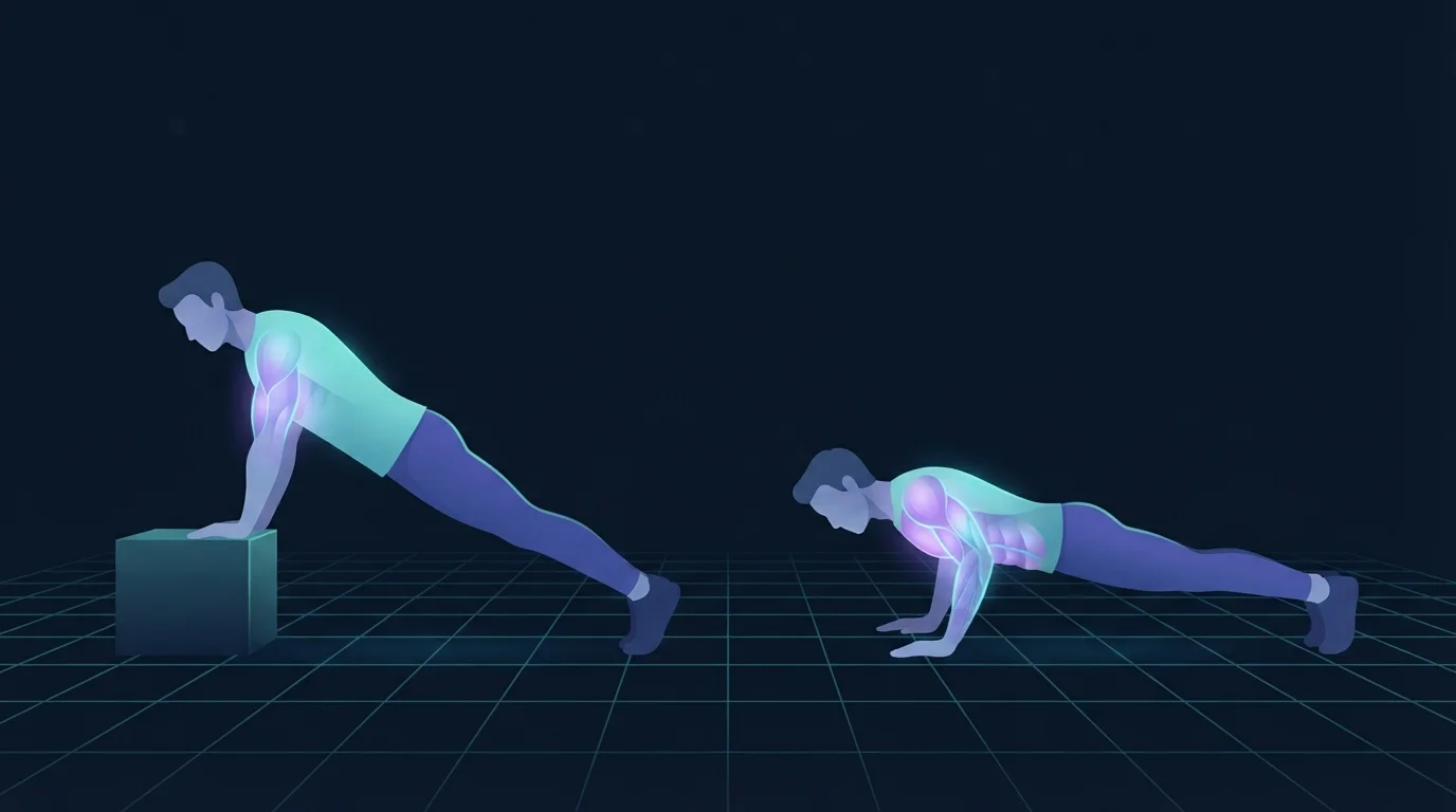 Two figures pressing side by side, one with both hands on a low box at a shallow angle and one flat on the floor with the chest, shoulders, triceps and abdominal wall lit up more brightly