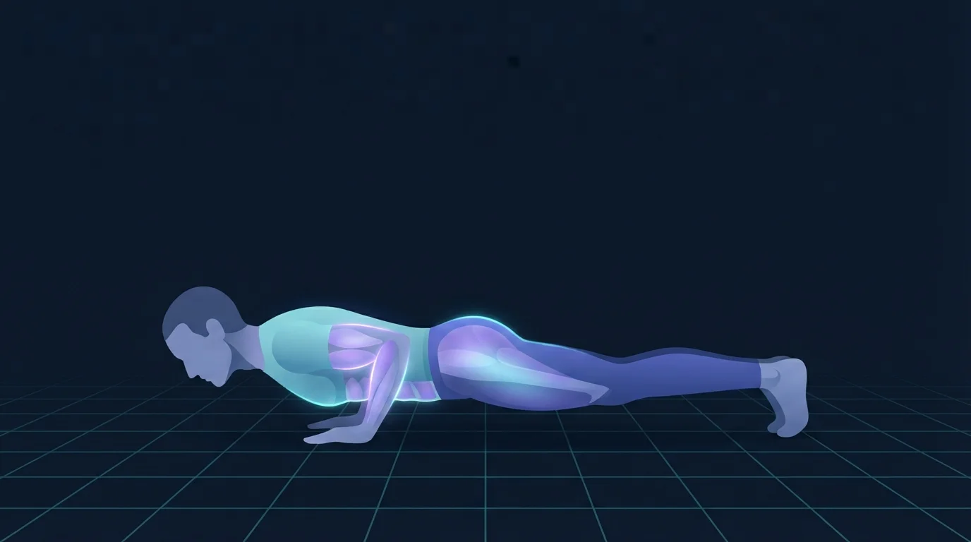A person seen in side profile at the bottom of a push-up, elbows tucked back and the body held in one straight line from head to heels with the abdominal wall and glutes lit up