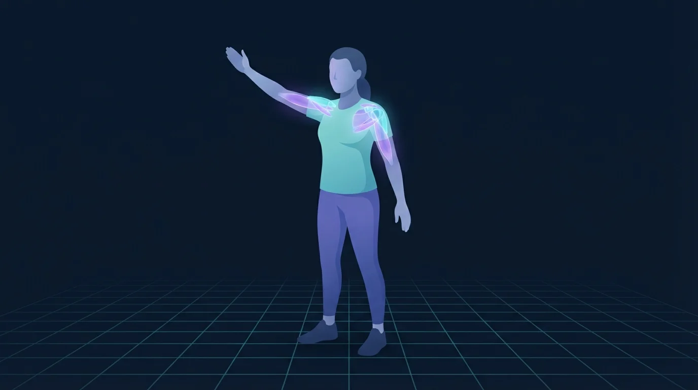 A person standing with one arm raised to the side, the small muscles wrapping the shoulder blade and the back of the shoulder glowing to show the four rotator cuff muscles holding the arm bone in its socket
