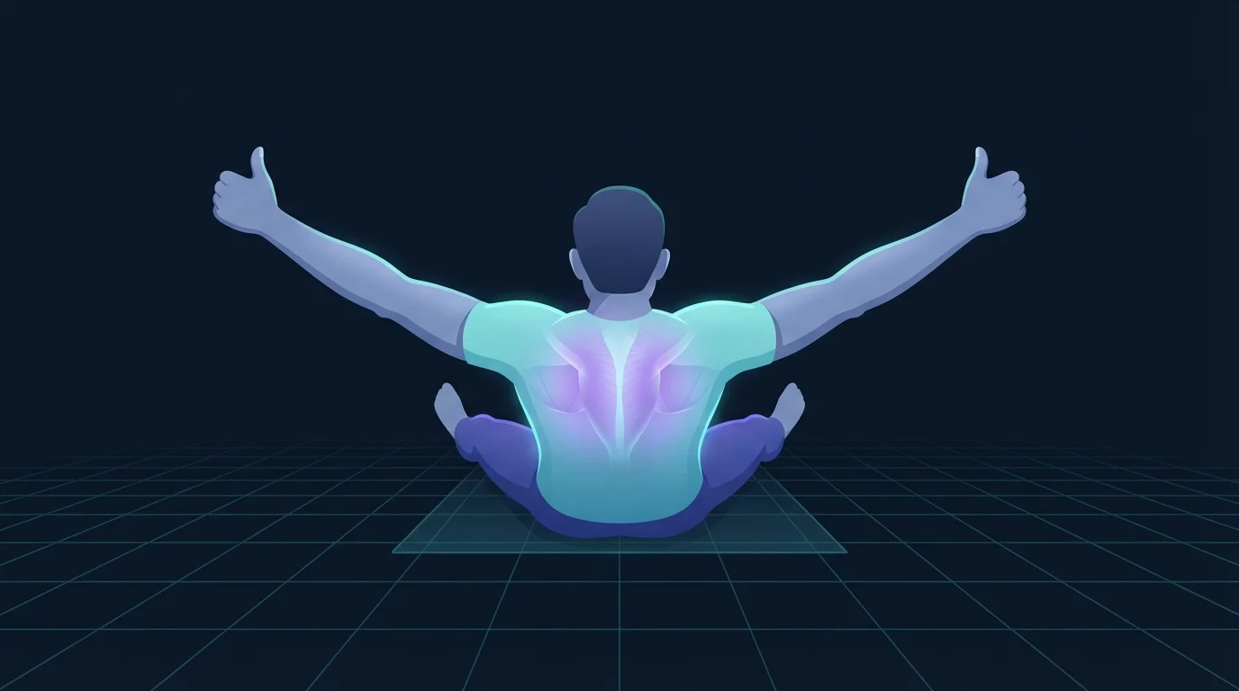 A person seen from behind on a mat with both arms lifted outward in a wide Y shape and thumbs turned up, the muscles between and below the shoulder blades glowing during scapular Y raise work