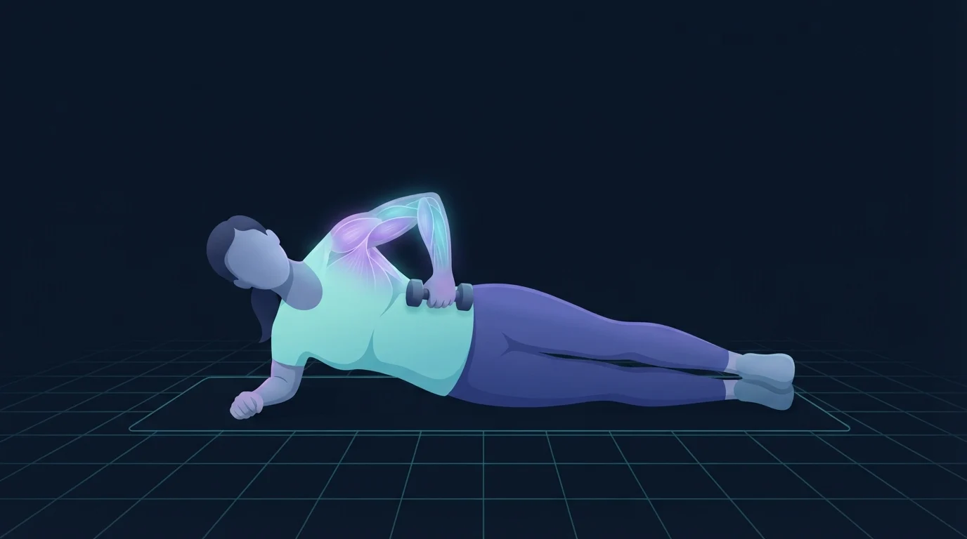 A person lying on one side on the floor rotating a small dumbbell upward with the elbow pinned to the ribs, the back of the shoulder glowing during a side-lying external rotation