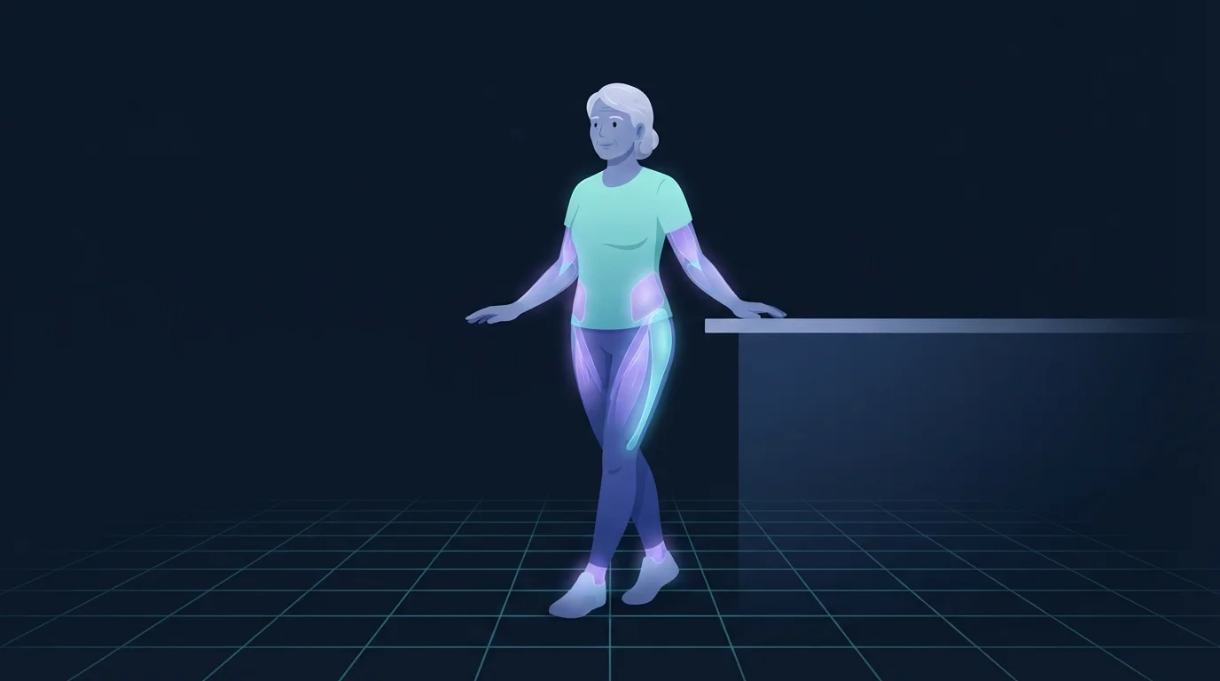 An older adult holding a heel-to-toe tandem stance beside a kitchen counter with the ankles, hips and trunk glowing, the balance drill that closes every session