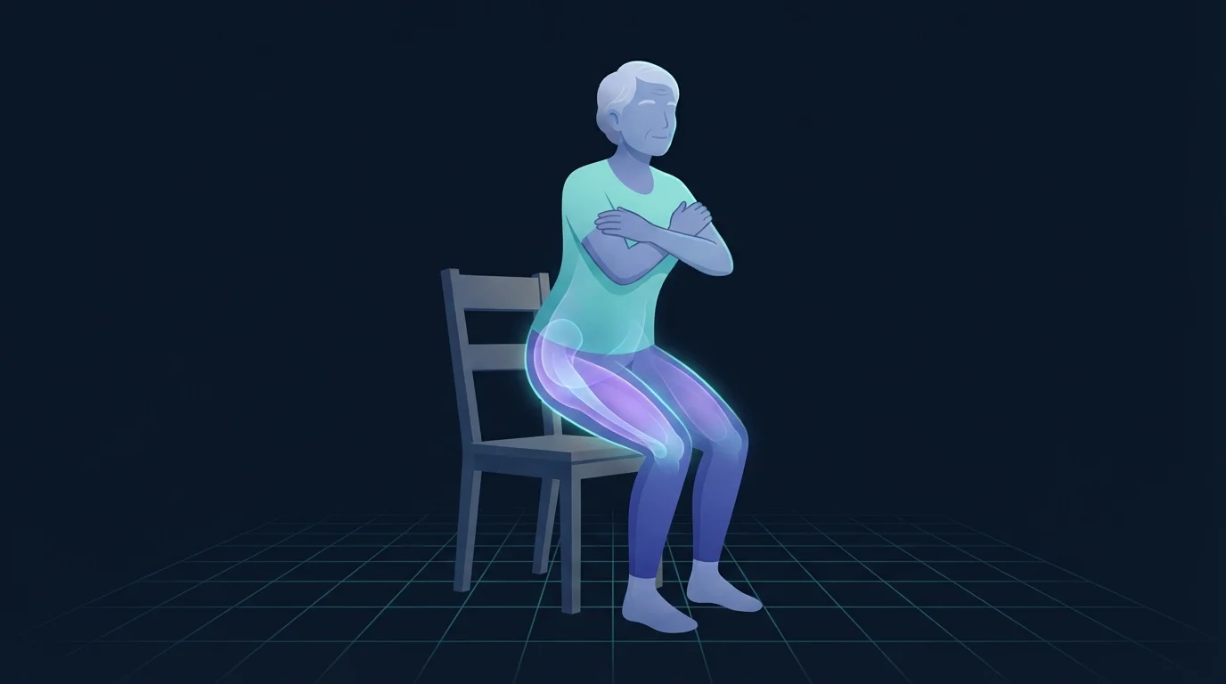 An older adult rising from a sturdy chair with the thighs, glutes and trunk glowing, the movement that anchors the first stage of a senior strength training program