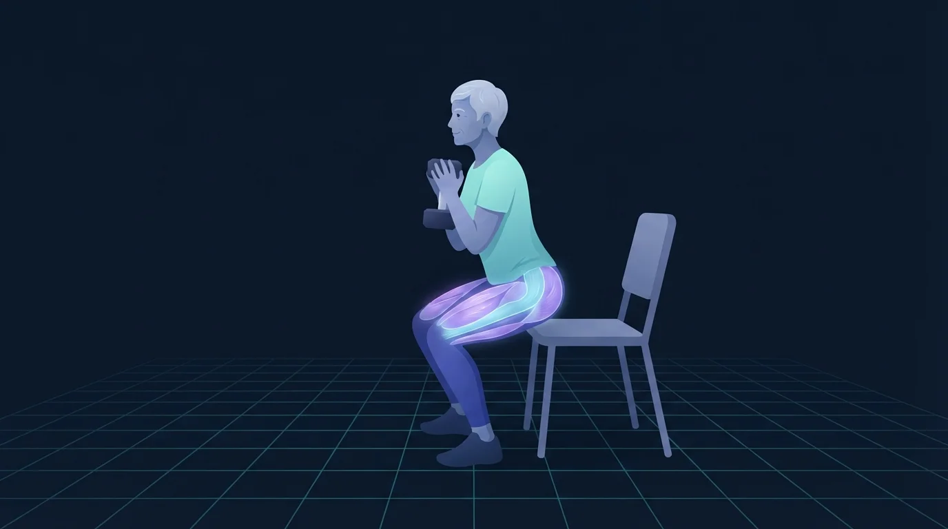 An older adult holding a single dumbbell at the chest in a goblet squat with the quadriceps, glutes and trunk glowing, the first loaded movement of stage three