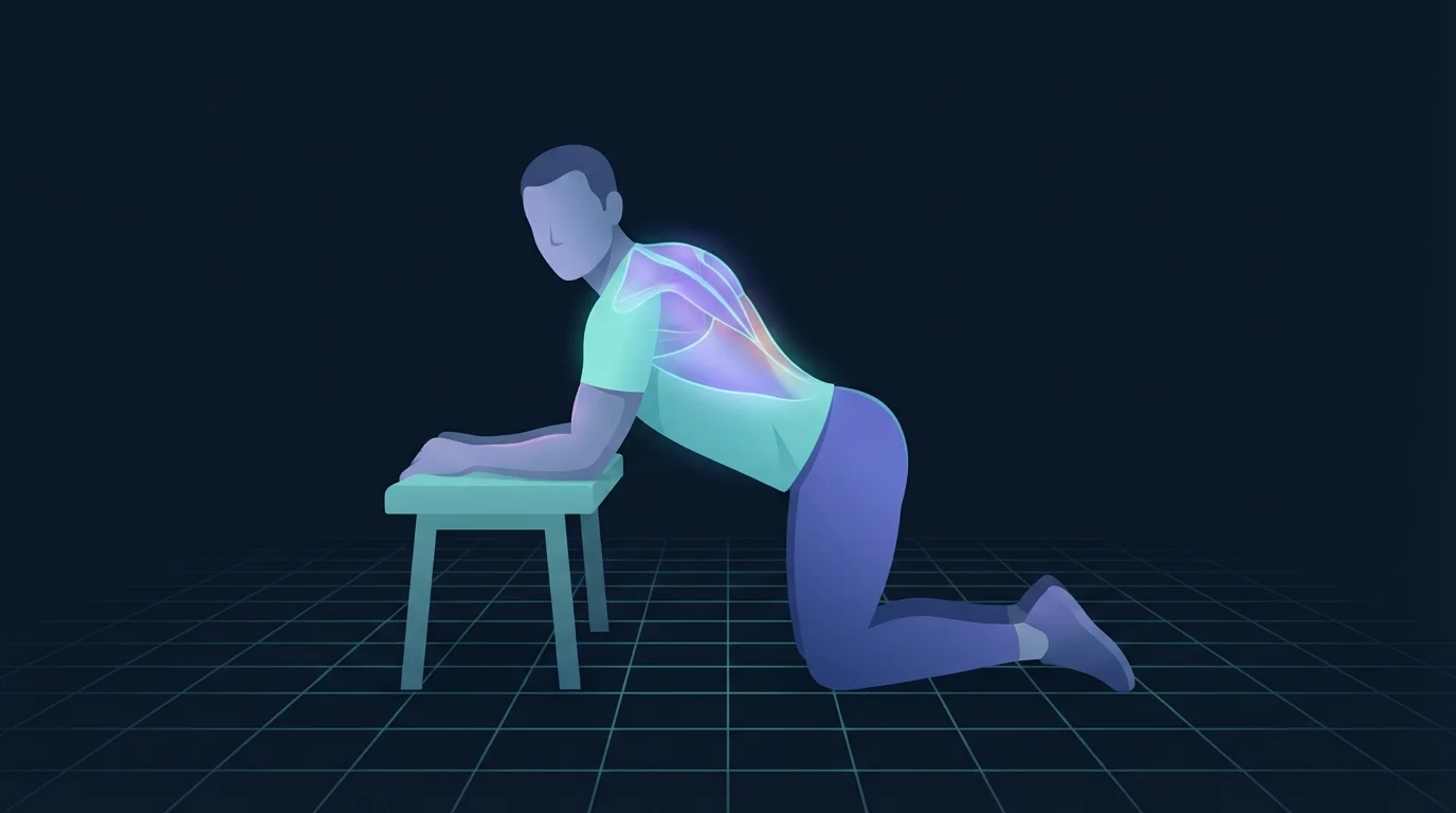 An illustrated figure kneeling with forearms on a low bench and the chest sinking toward the floor, upper back and lats glowing, a thoracic extension position used in shoulder mobility exercises