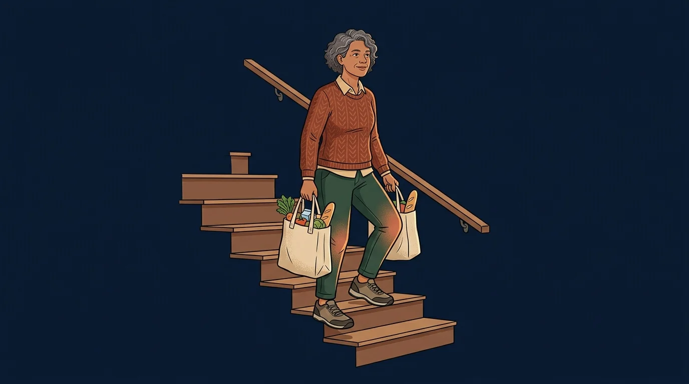 Editorial illustration of the functional gains from strength training after menopause: easier stairs, easier carrying, and better balance