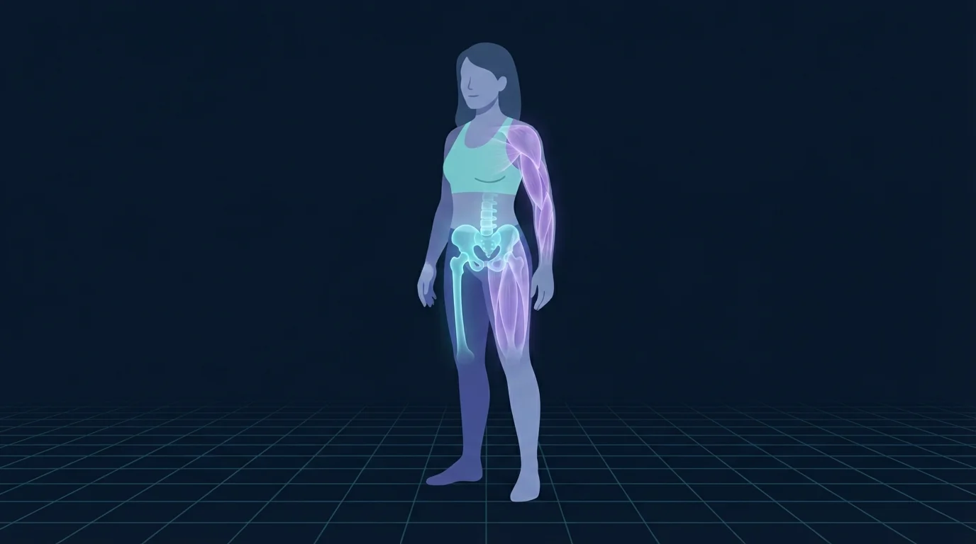 A standing woman with her hip and spine bones lit in cool blue and her shoulder and thigh muscles lit in violet, the two tissues that decline fastest after 40