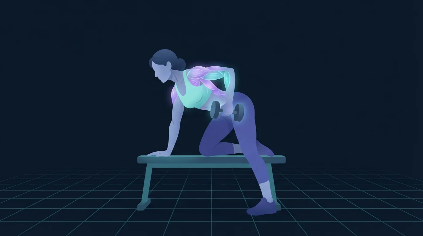 A woman performing a one-arm dumbbell row with one knee on a bench, upper back and rear shoulder lit up as the working muscles