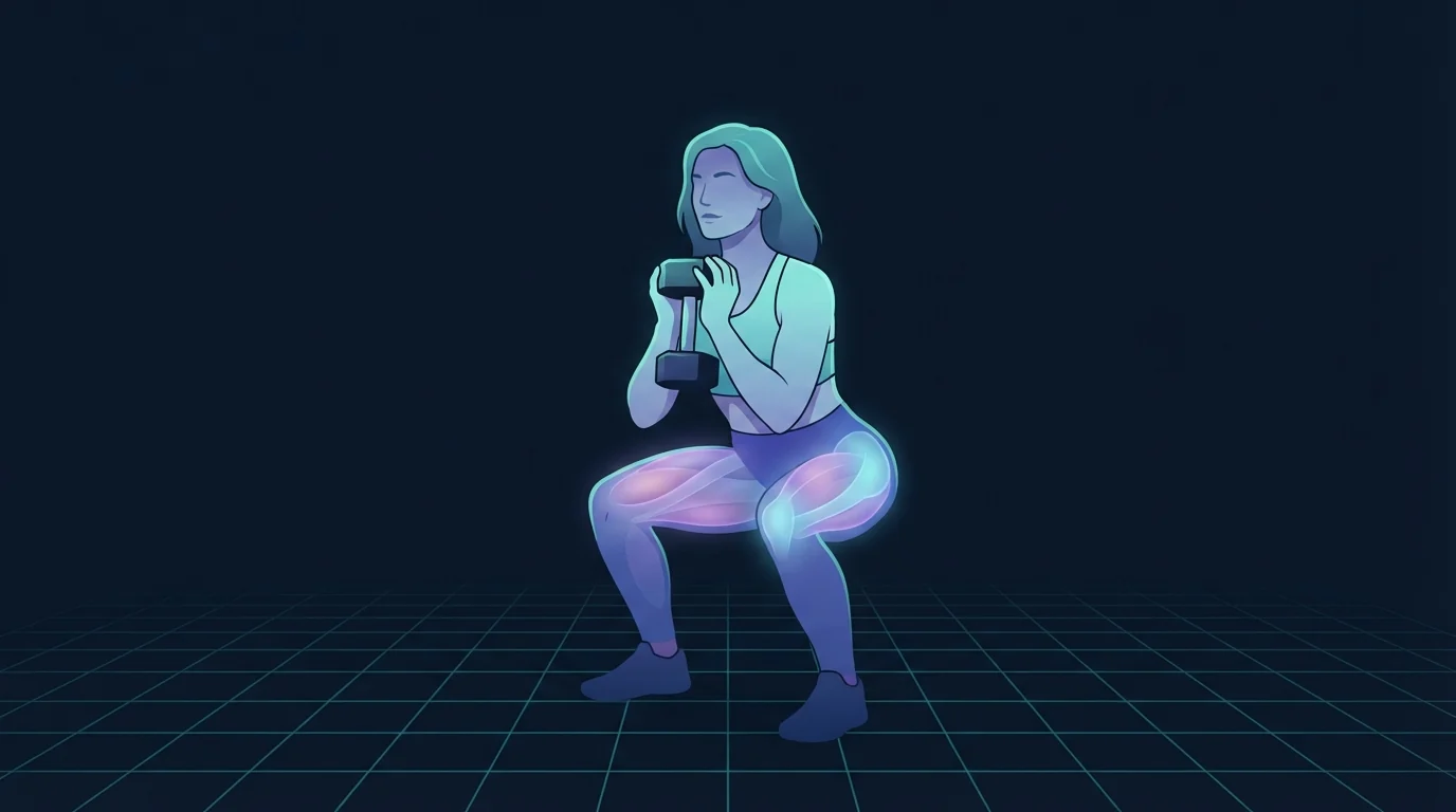 A woman in her forties at the bottom of a goblet squat holding one dumbbell at her chest, quadriceps and glutes lit up as the working muscles