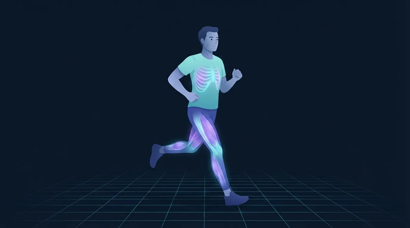 A runner holding a tall, controlled posture at a sustained tempo run effort, with the rib cage and leg muscles glowing to show the working systems