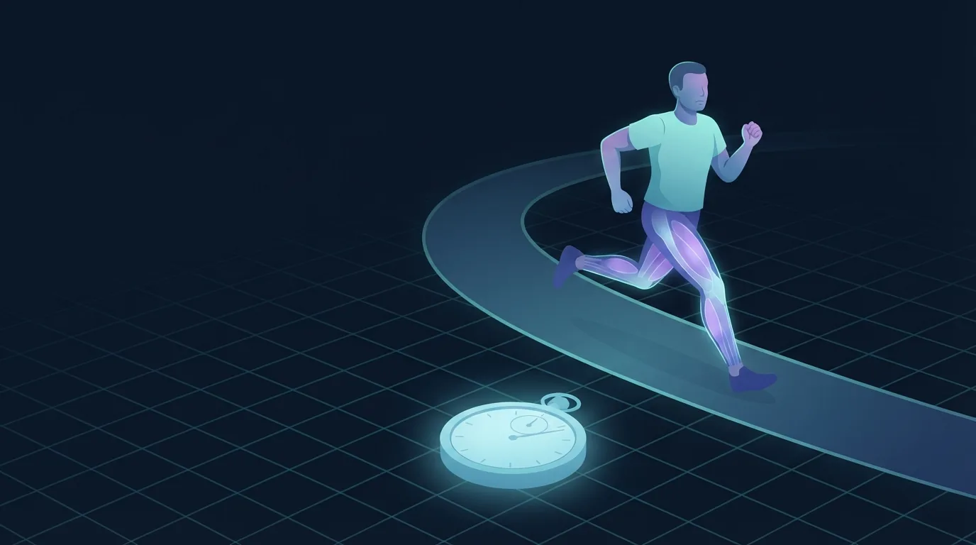 A runner working through a repeat on a curving track lane with a plain stopwatch glowing on the ground, showing threshold work broken into cruise intervals