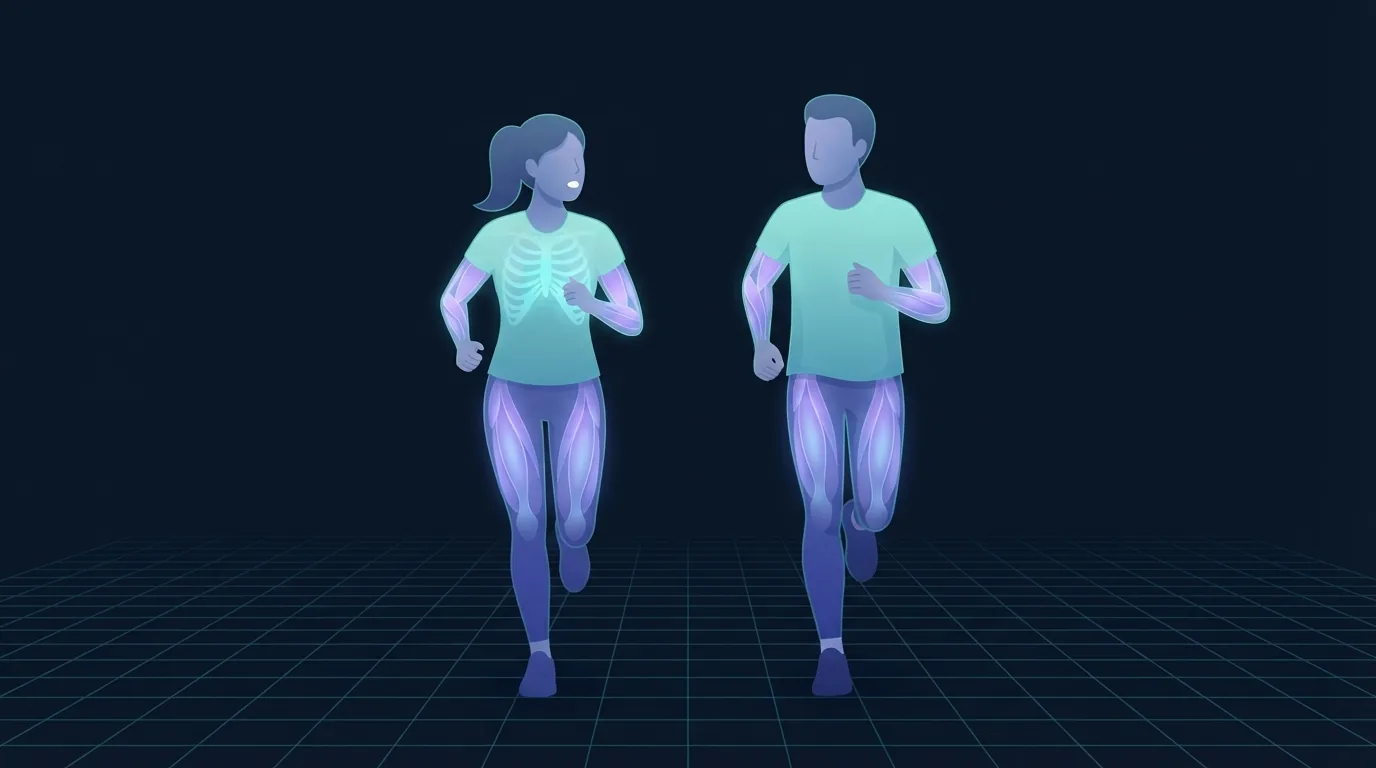 Two runners side by side at a steady pace, one speaking a short phrase to the other with the rib cage glowing, illustrating the talk test for threshold effort