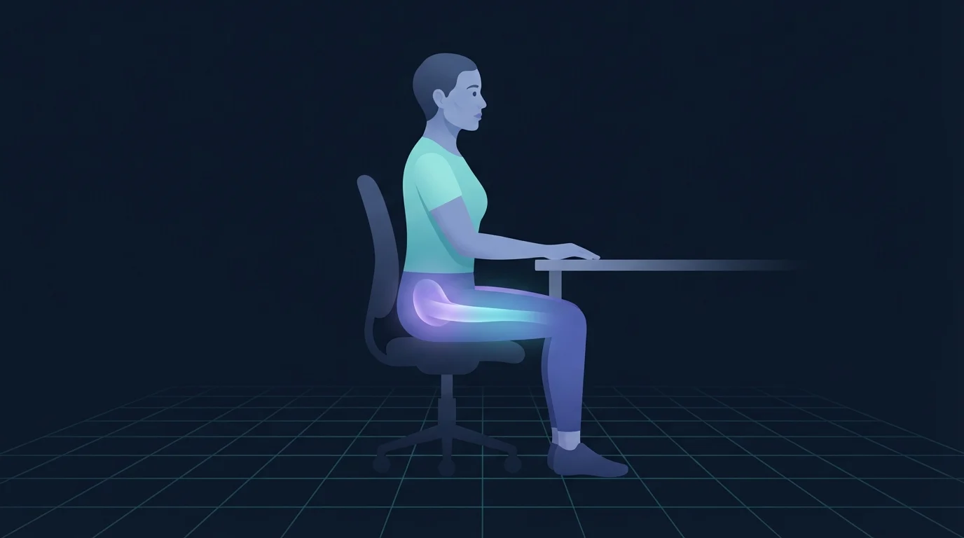 A person seated at a desk in profile with the front of the hip and the top of the thigh glowing, the shortened position the hip flexors hold through a working day
