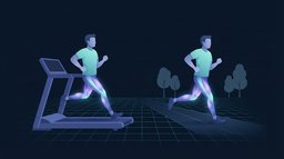 Two runners in identical mid-stride poses side by side, one on a motorised treadmill belt and one on an open road, with the quadriceps, hamstrings and calves glowing on both